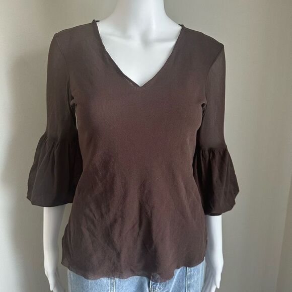 Y2K Brown Mesh Overlay V~Neck Top - Picture 2 of 6